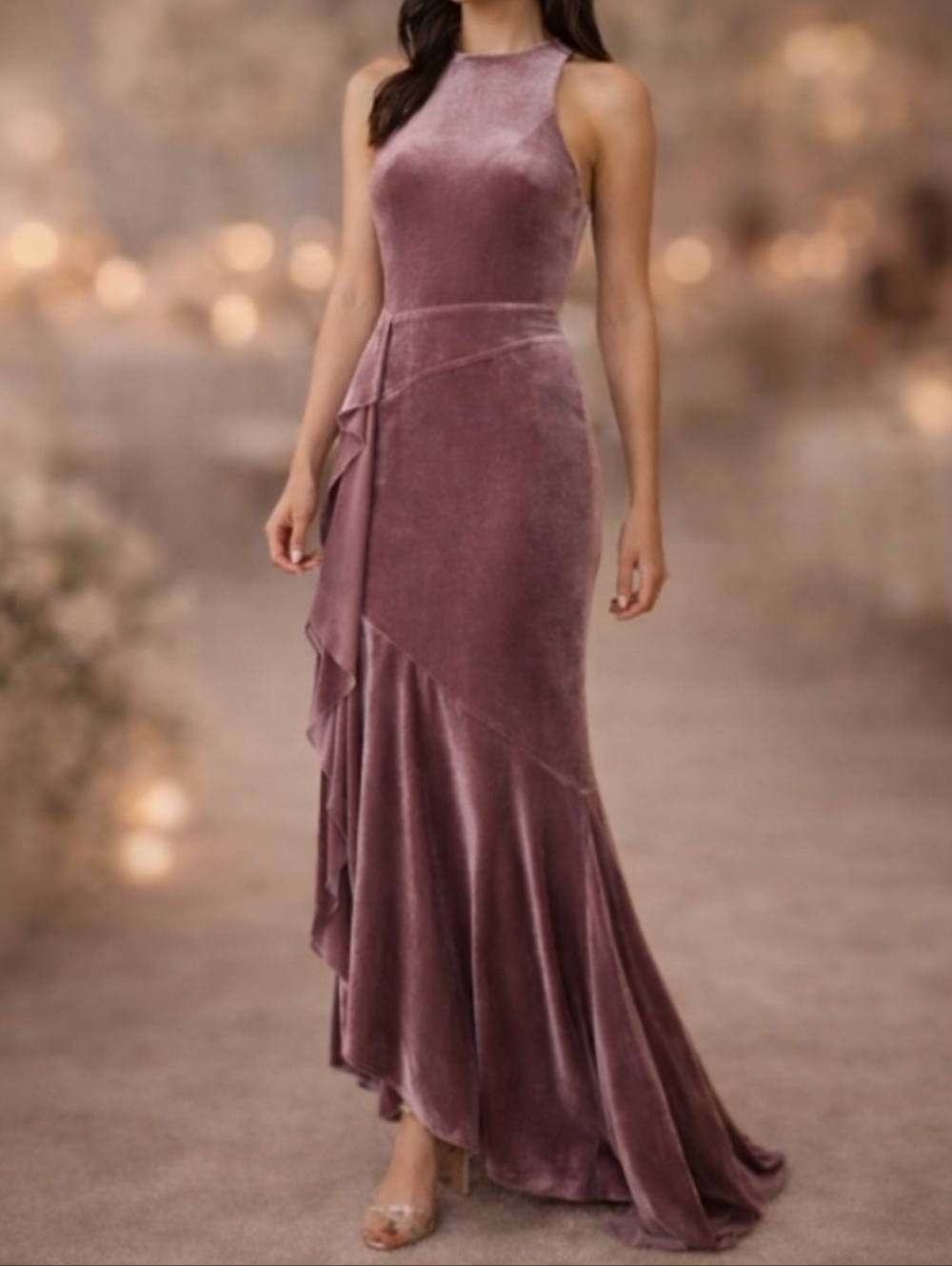 New Adrianna Papell Mauve Velvet Gown Evening Sleeveless Ruffle Slit NWT Sz 20
